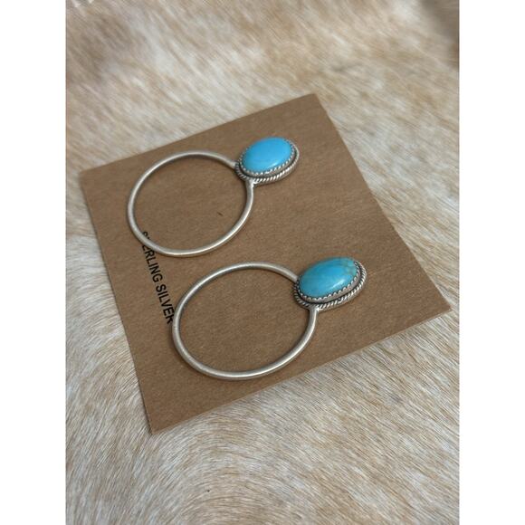 Huge Native American Sterling Silver Blue Kingman Turquoise Hoop Post Earrings - Picture 9 of 16